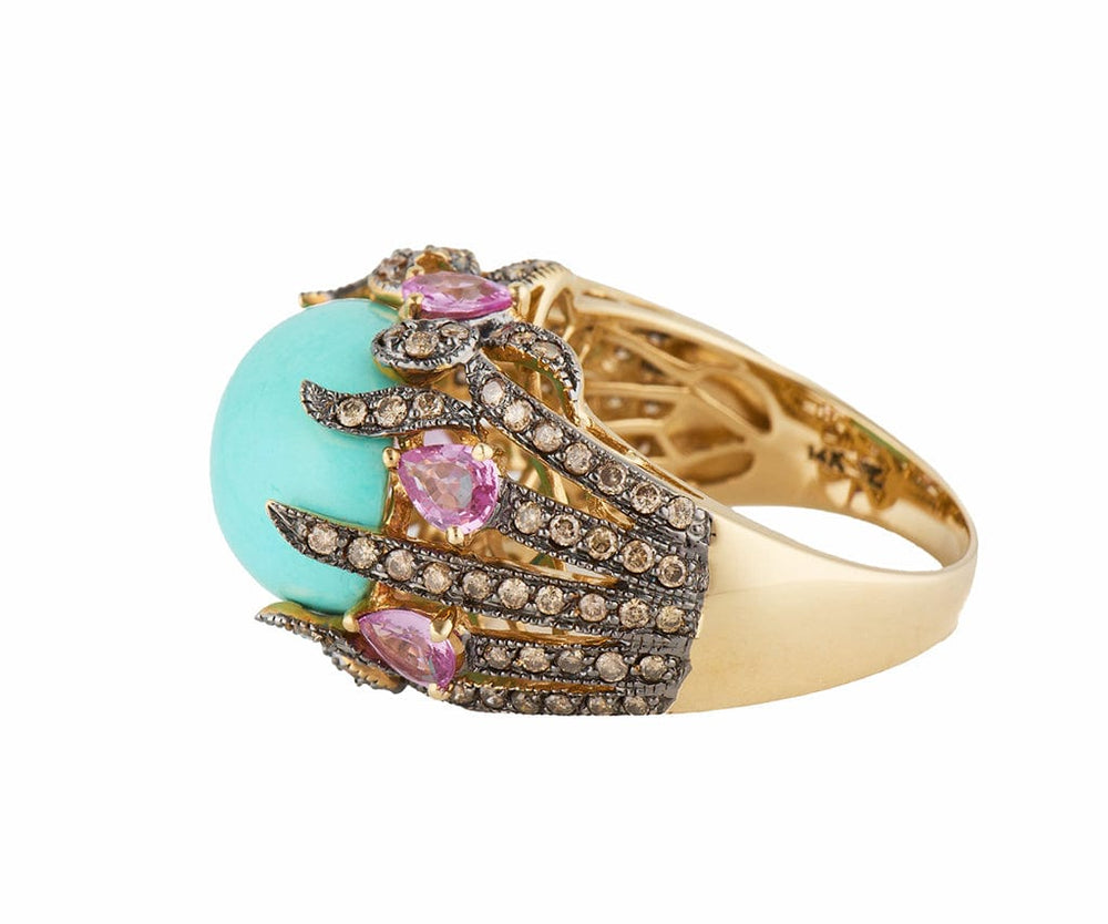 Le Vian Turquoise Pink Sapphire and Chocolate Diamond Domed Statement Ring in14K