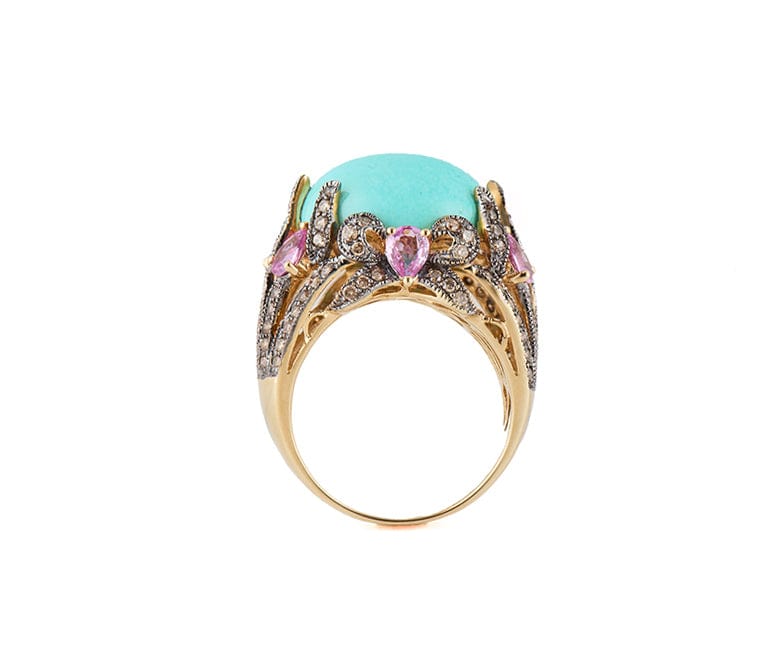 Le Vian Turquoise Pink Sapphire and Chocolate Diamond Domed Statement Ring in14K