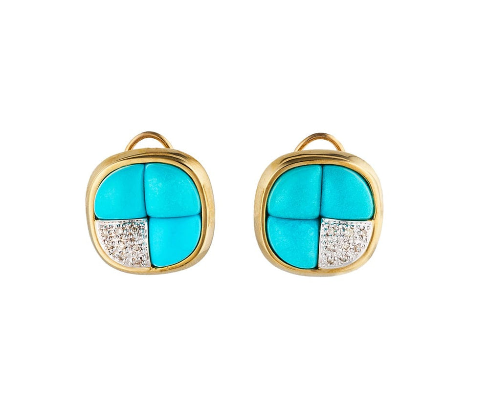 Fancy Turquoise and 0.25ctw Diamond Cushion Shaped Earrings in 14K