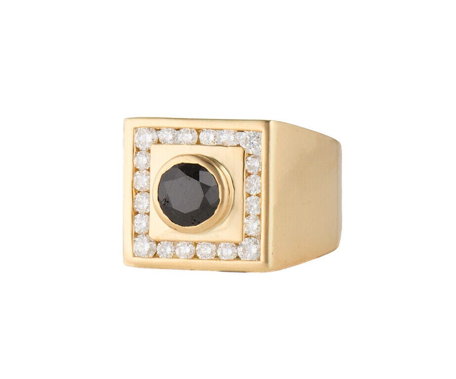 Gents 2.05ctw Black and White Diamond Square Frame Ring in 18K