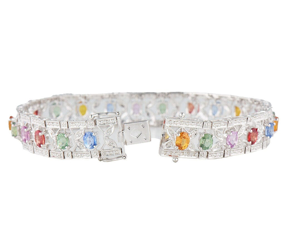 12.0ctw Multi-Colored Sapphire and 1.15ctw Diamond Fancy Link Bracelet in 18K
