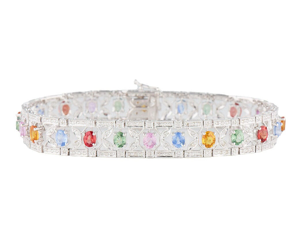 12.0ctw Multi-Colored Sapphire and 1.15ctw Diamond Fancy Link Bracelet in 18K