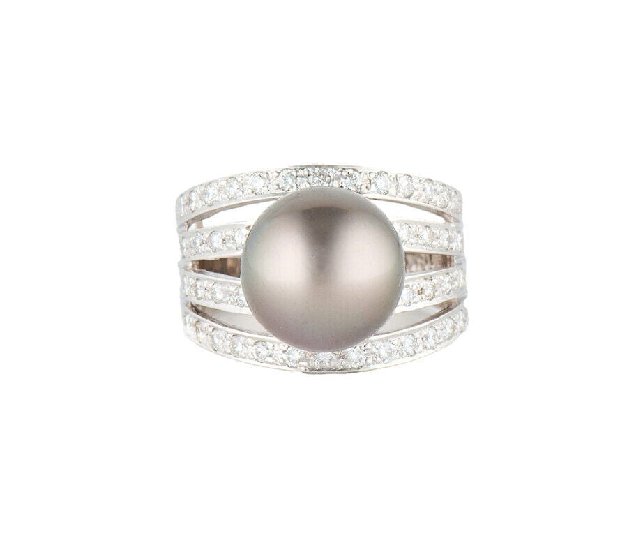 12.0MM Gray South Sea Pearl and 0.50ctw Diamond Multi Row Ring in 18K