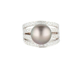 12.0MM Gray South Sea Pearl and 0.50ctw Diamond Multi Row Ring in 18K