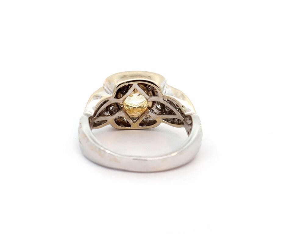 1.36ct Transition Cut Yellow Diamond & 0.65ctw Dia Vintage Engagement Ring 18K