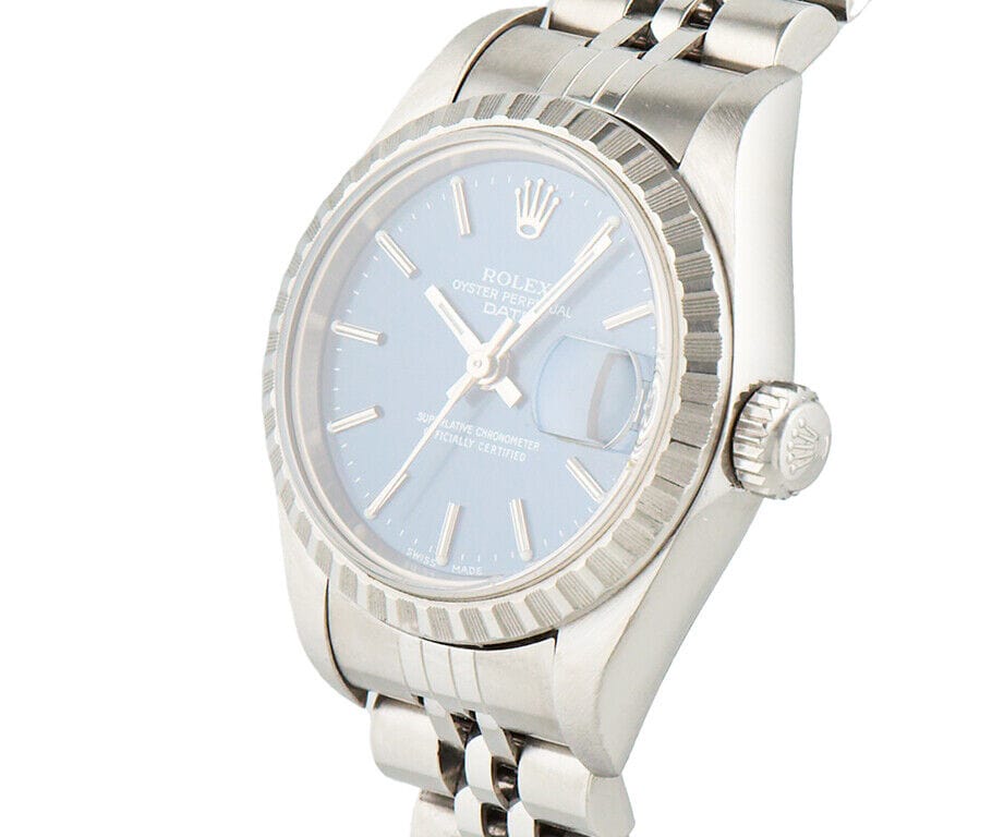 2002 Rolex Date79240 26MM Blue Dial Engine Turned Bezel Ladies Watch