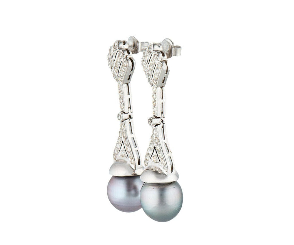 10.5MM Black Tahitian Pearl and 1.00ctw Diamond Dangle Earrings in 18K