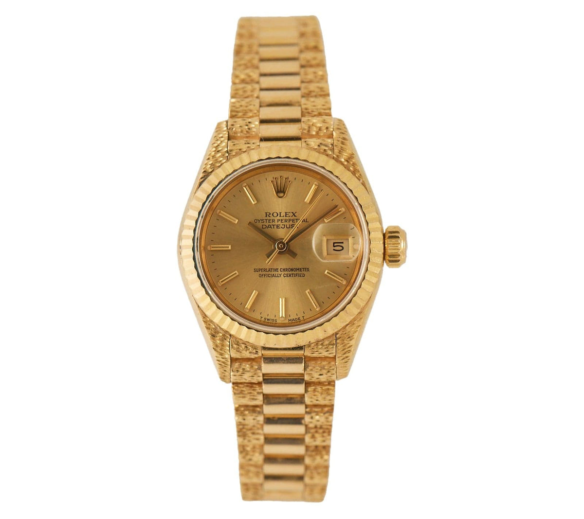 1990 Rolex President Datejust 69178 26MM Bark Finish 18K Ladies