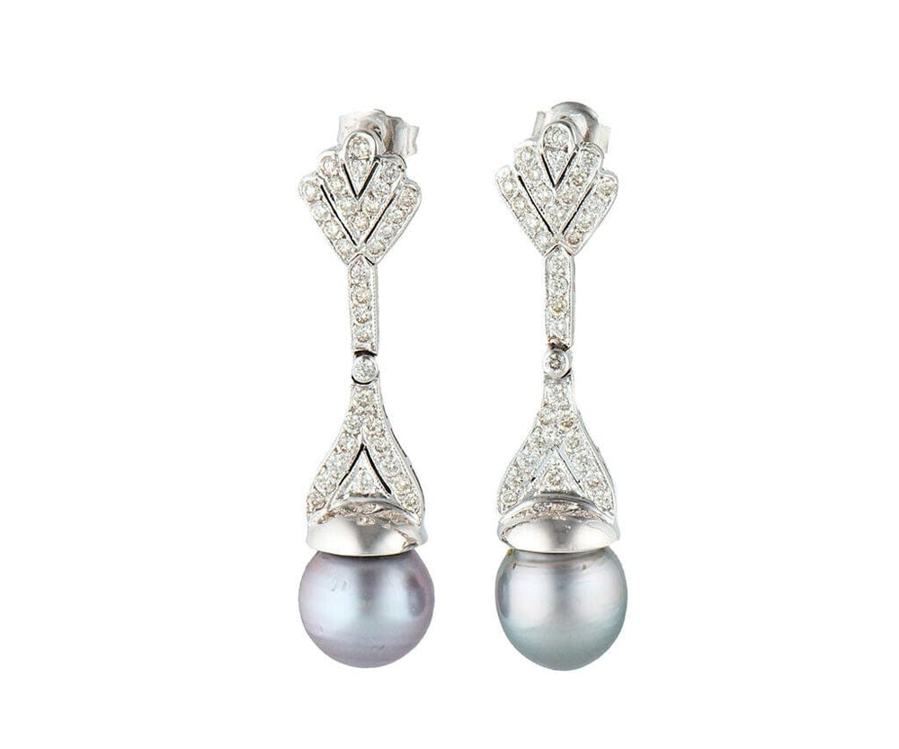 10.5MM Black Tahitian Pearl and 1.00ctw Diamond Dangle Earrings in 18K