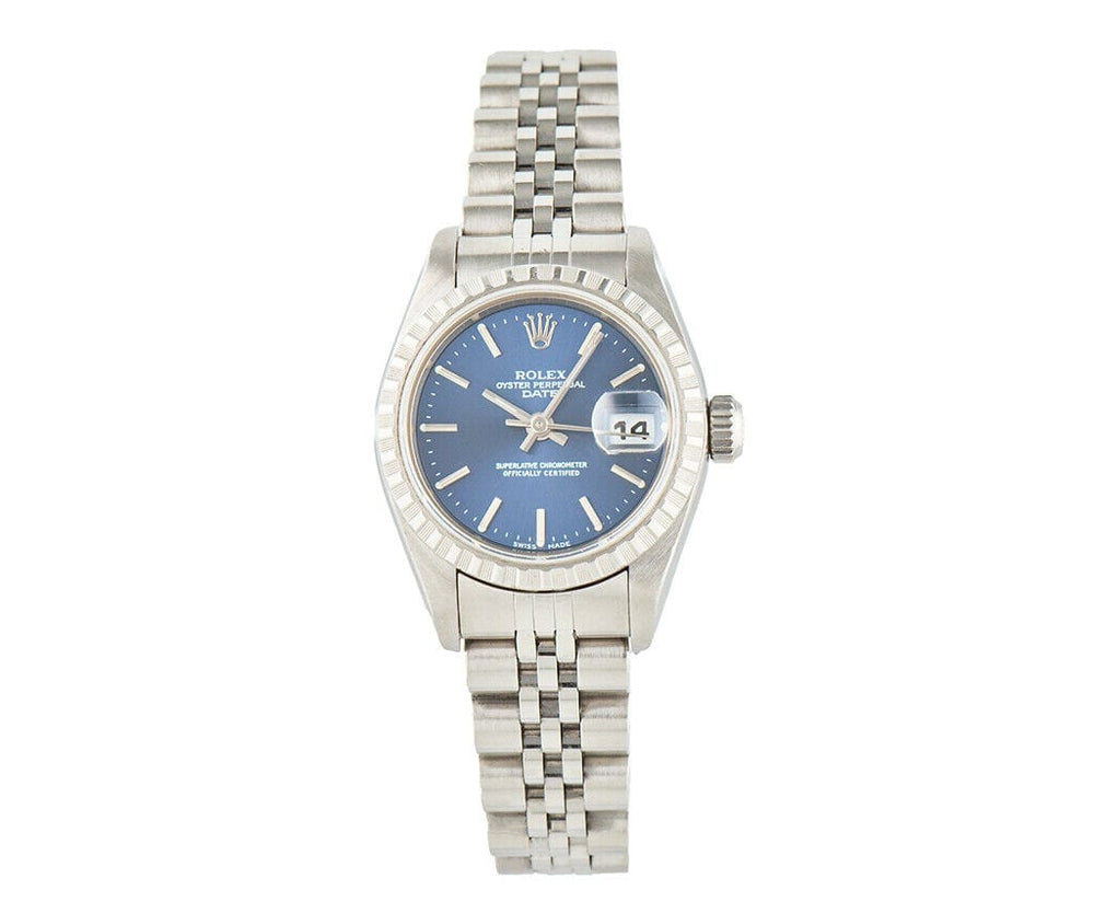 2002 Rolex Date79240 26MM Blue Dial Engine Turned Bezel Ladies Watch