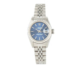 2002 Rolex Date79240 26MM Blue Dial Engine Turned Bezel Ladies Watch
