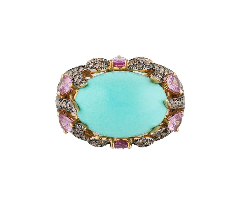 Le Vian Turquoise Pink Sapphire and Chocolate Diamond Domed Statement Ring in14K