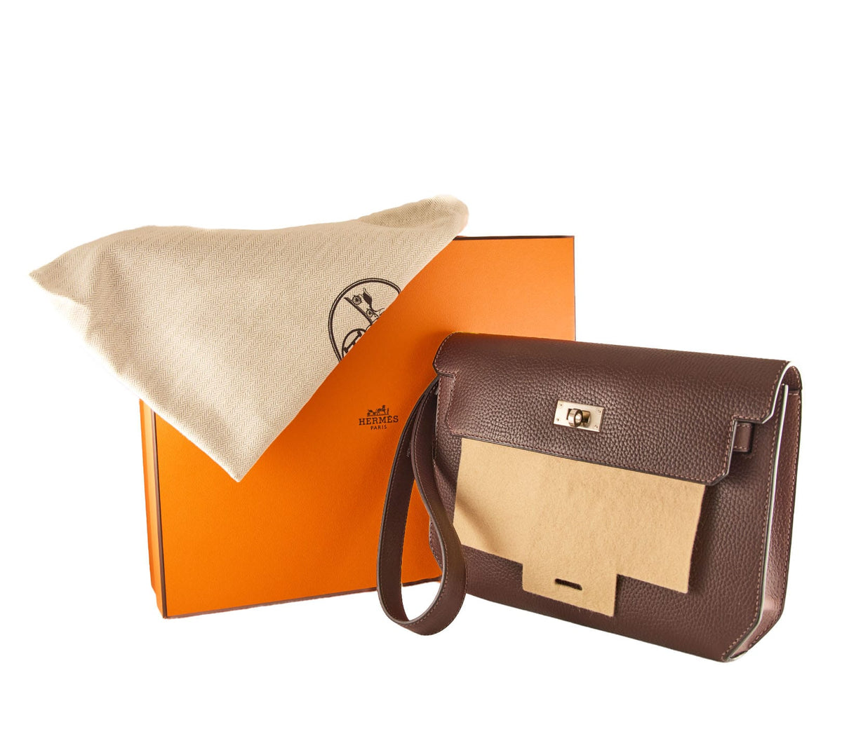 Hermès Kelly Dépêches 25 Brown Leather Pouch Ebene Bag with Box
