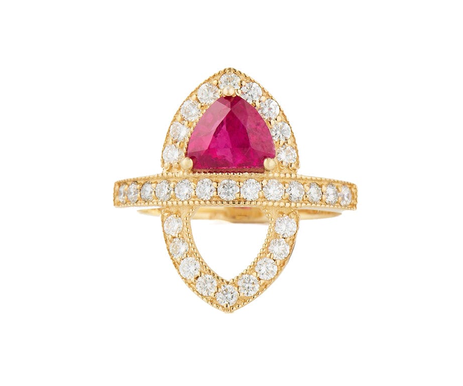 0.85ct Trillion Cut Ruby and 1.00ctw Diamond Ring in 14K