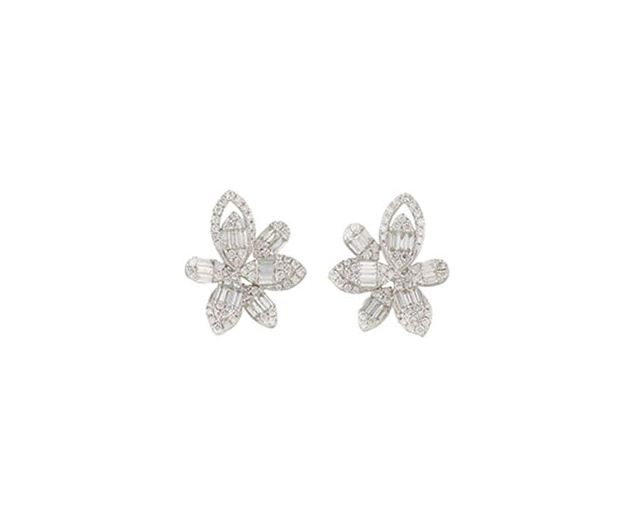 New 0.82ctw Round and Baguette Diamond Frame Floral Earrings in 14K