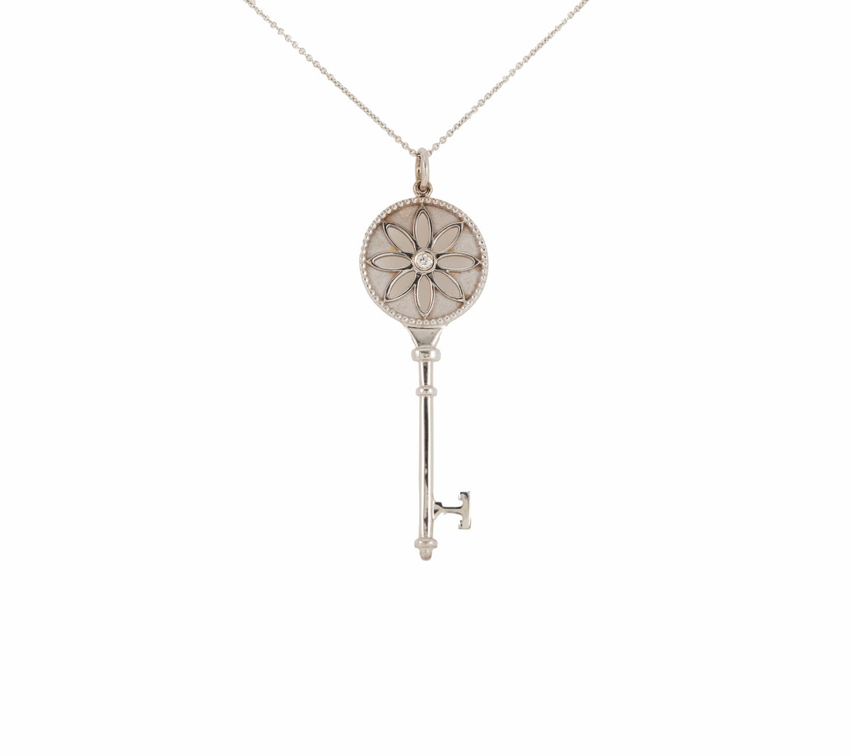 Tiffany & Co. 0.04ct Diamond Daisy Key Pendant Necklace in 18K