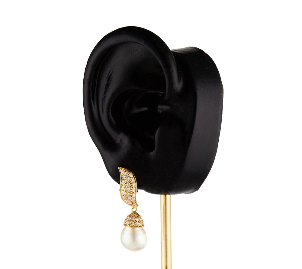 1.00ctw Pave Diamond and Cultured Pearl Drop Earrings in 18K