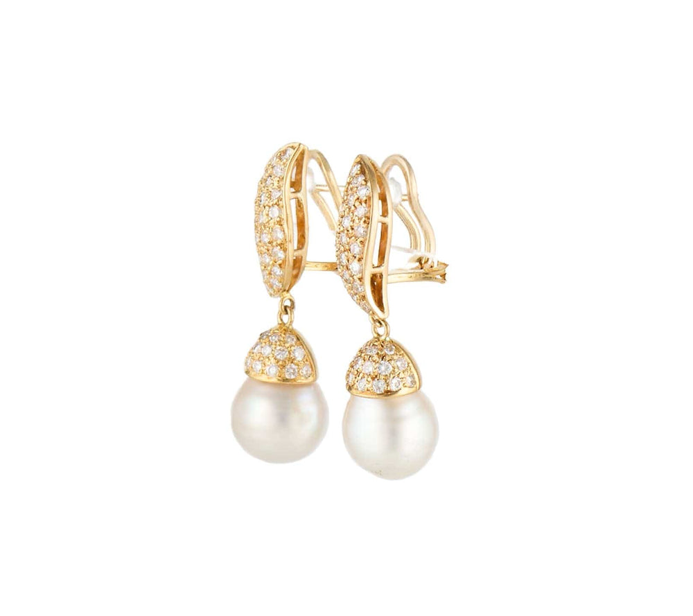1.00ctw Pave Diamond and Cultured Pearl Drop Earrings in 18K