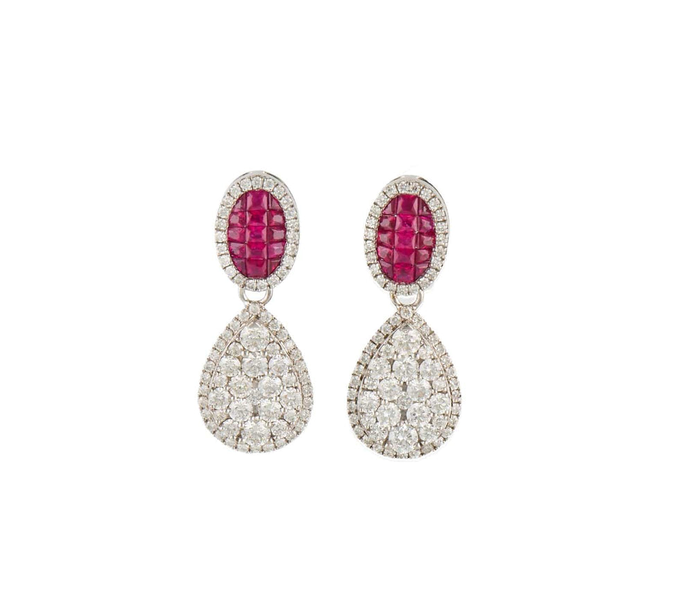 1.18ctw Rubies and 1.75ctw Diamond Pear Shaped Cluster Frame Drop Earrings 14K