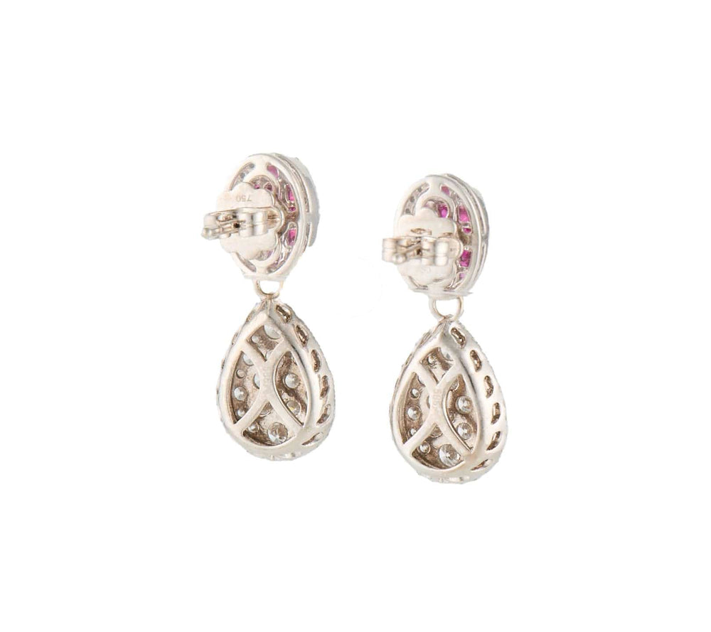 1.18ctw Rubies and 1.75ctw Diamond Pear Shaped Cluster Frame Drop Earrings 14K