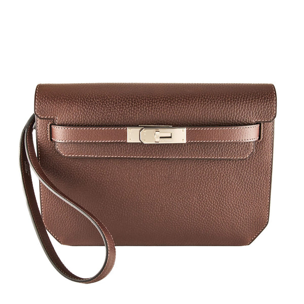 Hermès Kelly Dépêches 25 Brown Leather Pouch Ebene Bag with Box