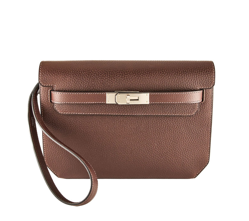 Hermès Kelly Dépêches 25 Brown Leather Pouch Ebene Bag with Box