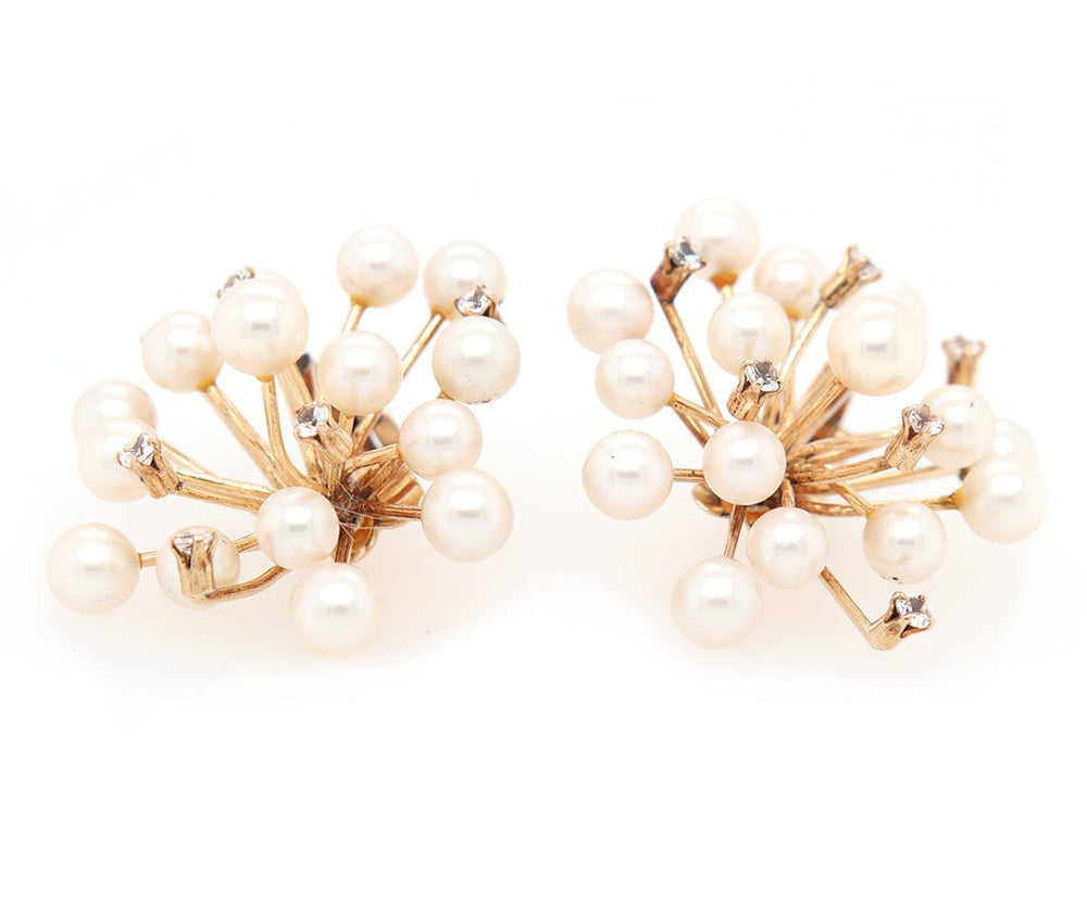 Pearl and 0.30ctw Diamond Cluster Spike Clip On Earrings in 14K