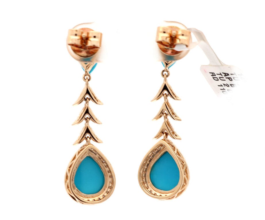 New 5.52ctw Pear Turquoise and 0.45ctw Diamond Dangle Earrings in 14K