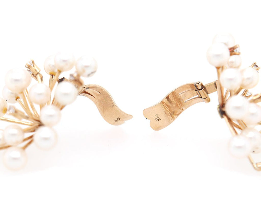 Pearl and 0.30ctw Diamond Cluster Spike Clip On Earrings in 14K