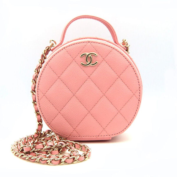 CHANEL Lambskin Quilted Round Small Vanity Case With Chain White