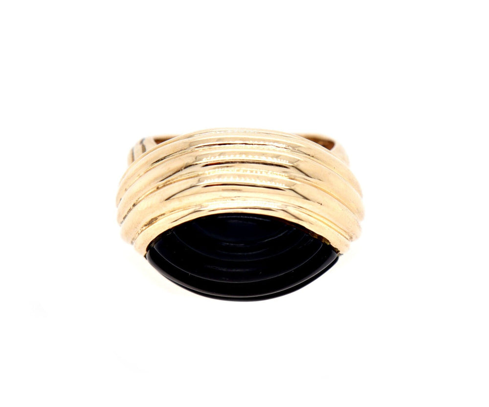 Carved Black Onyx Wave Style Ring in 14K