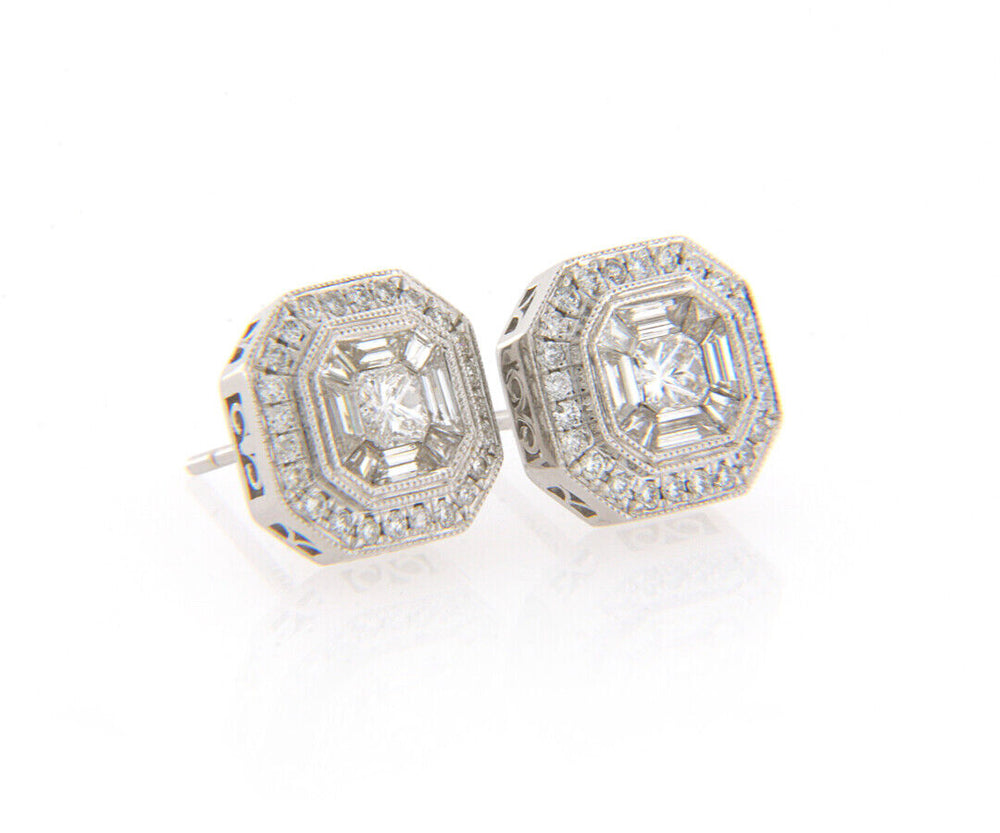 New 0.99ctw Baguette and Round Diamond Mosaic Stud Earrings in 18K