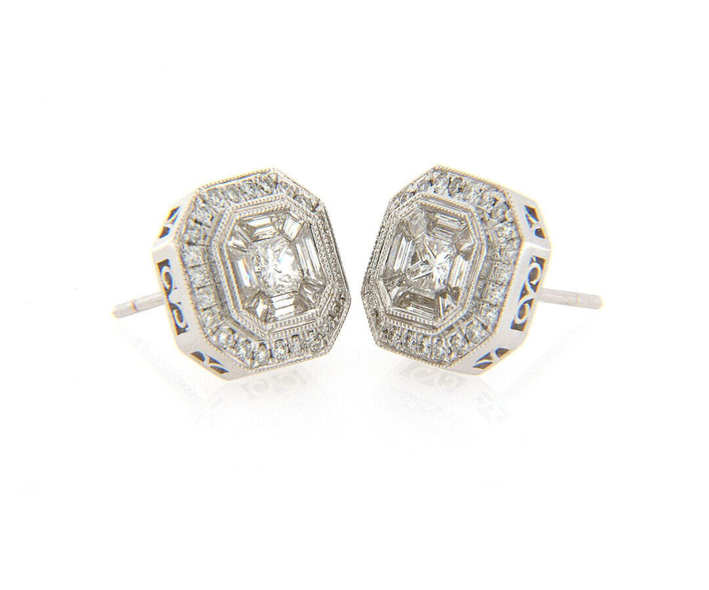 New 0.99ctw Baguette and Round Diamond Mosaic Stud Earrings in 18K