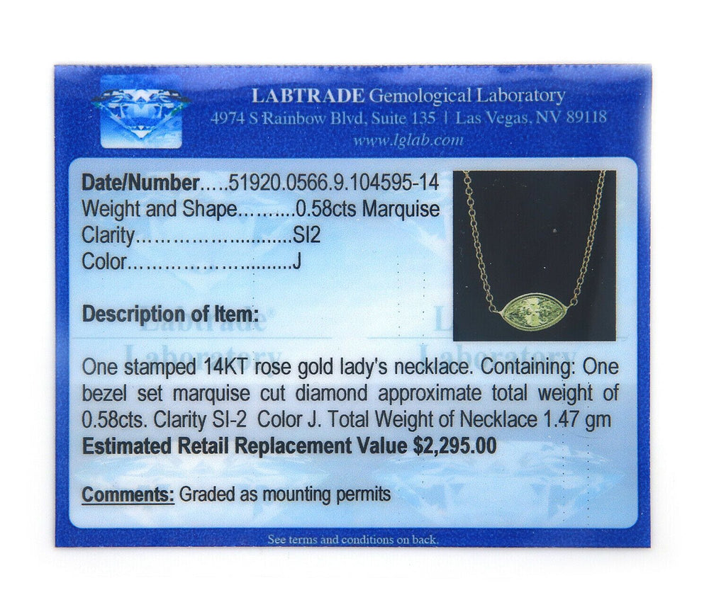 0.58ct Sideways Marquise Diamond Bezel Set Solitaire Pendant Necklace In 14K