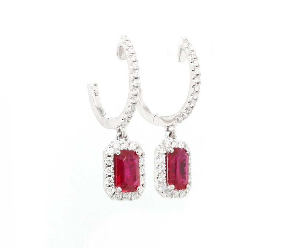 New 1.18ctw Emerald Cut Ruby and 0.33ctw Diamond Frame Drop Earrings in 14K