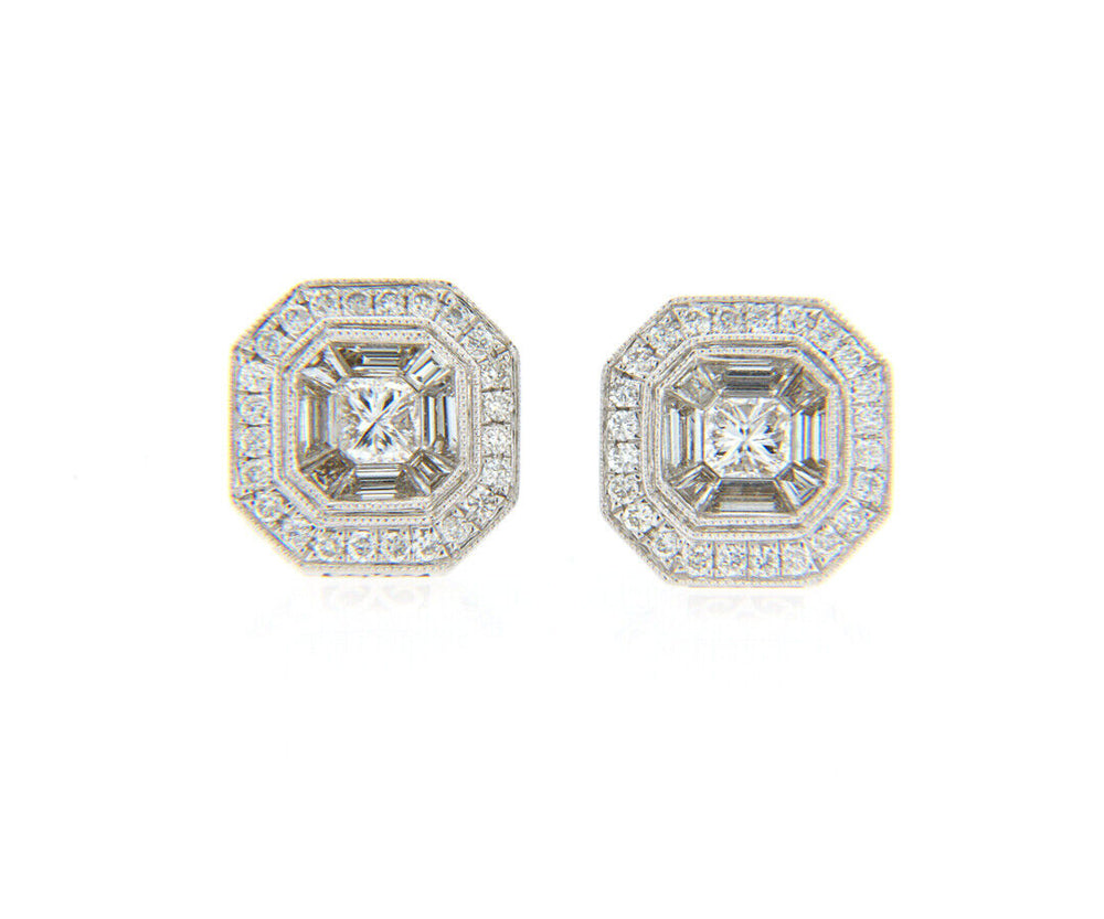 New 0.99ctw Baguette and Round Diamond Mosaic Stud Earrings in 18K