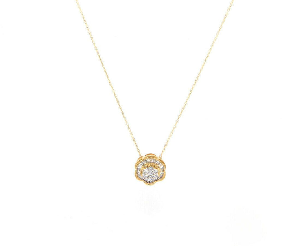 New 0.40ctw Round and Baguette Diamond Flower Pendant Necklace in 14K