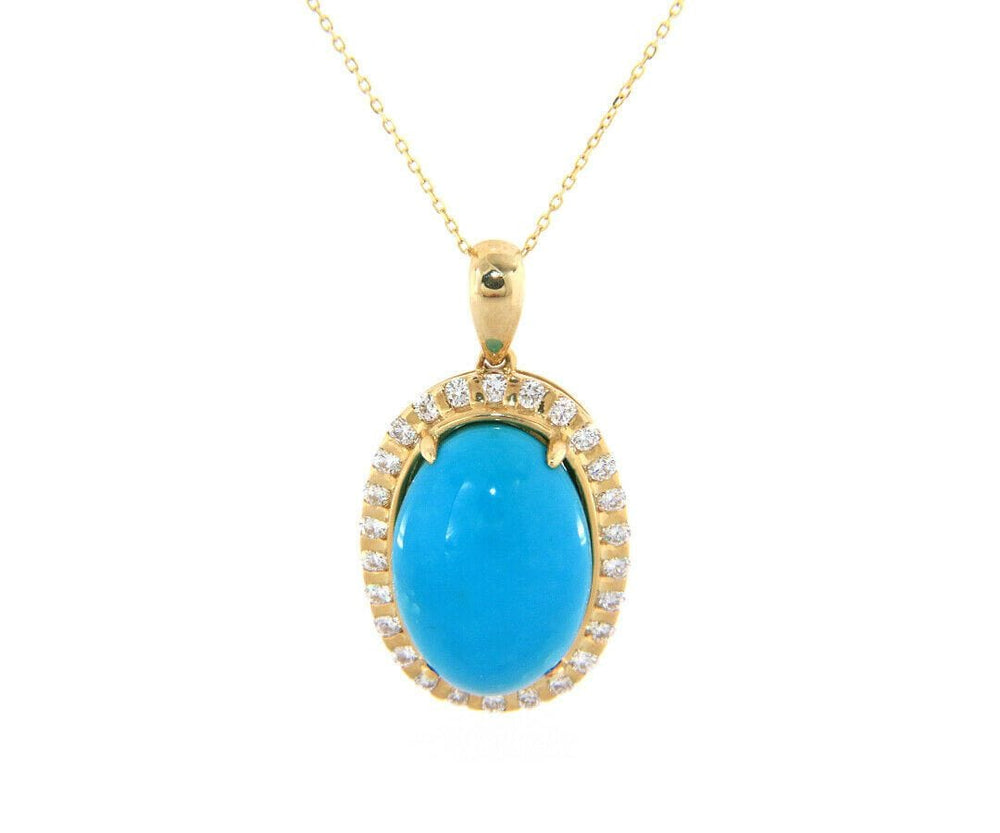 New Oval Turquoise Cabochon and Diamond Frame Pendant Necklace in 14K