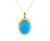 New Oval Turquoise Cabochon and Diamond Frame Pendant Necklace in 14K