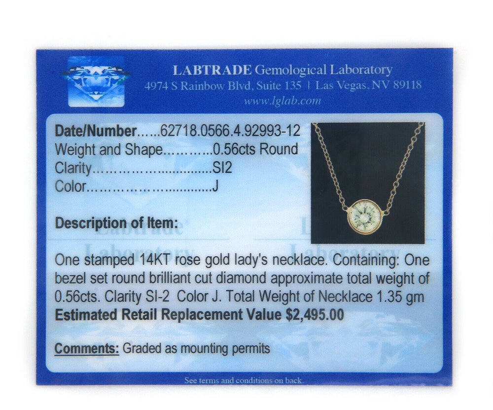 0.56ctw Diamond Solitaire Pendant Necklace 14K Rose Gold W/ Cert