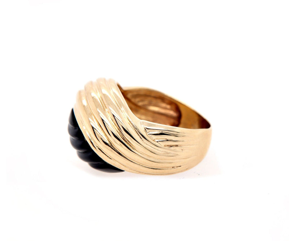 Carved Black Onyx Wave Style Ring in 14K