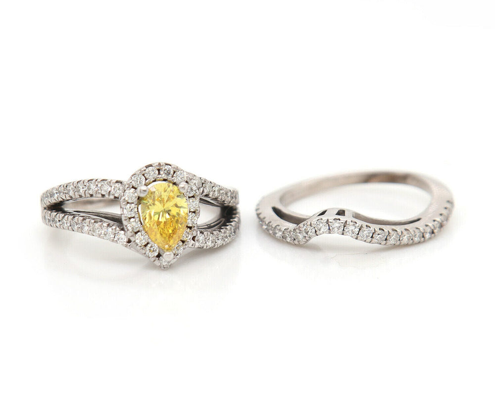 2.00ctw Pear Irradiated Yellow and White Diamond Frame Bridal Set in 14K