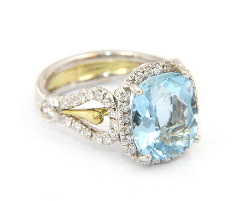 4.73ct Cushion Aquamarine and Diamond Halo Ring in 18K