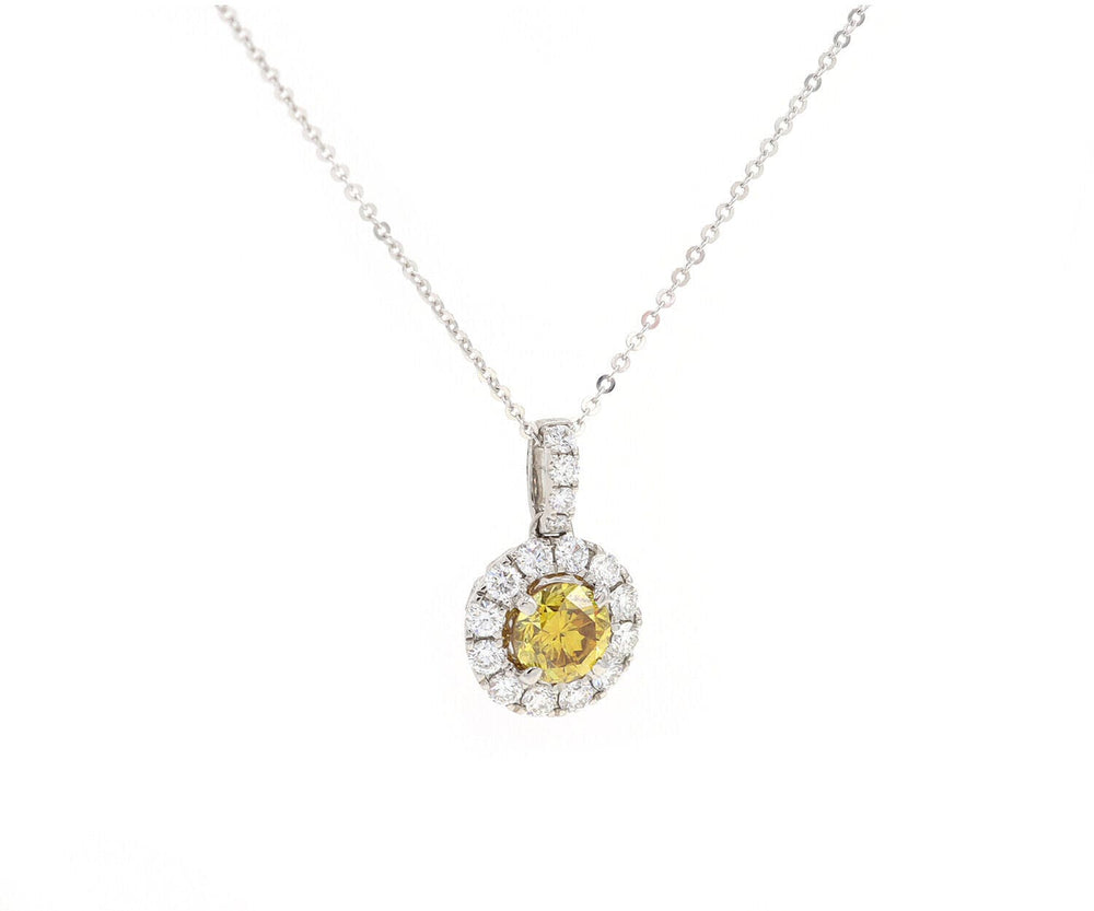 1.70ctw Round Orange and White Diamond Halo Pendant Necklace in 14K