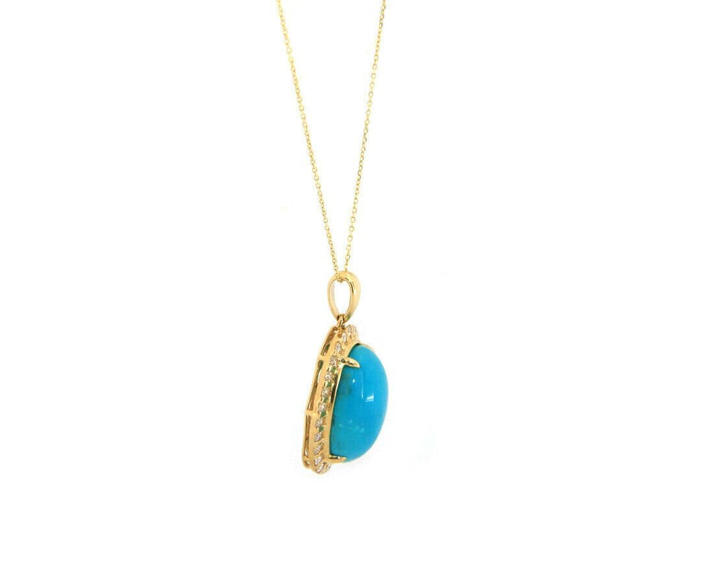 New Oval Turquoise Cabochon and Diamond Frame Pendant Necklace in 14K