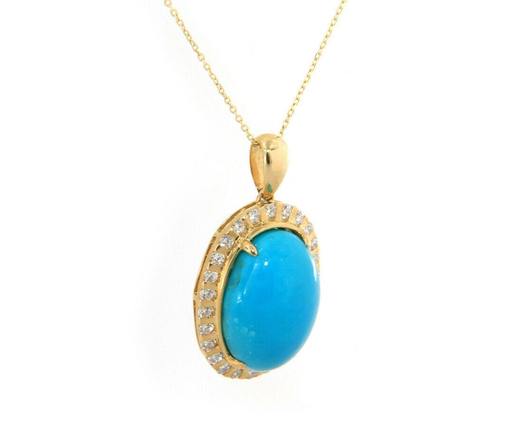 New Oval Turquoise Cabochon and Diamond Frame Pendant Necklace in 14K