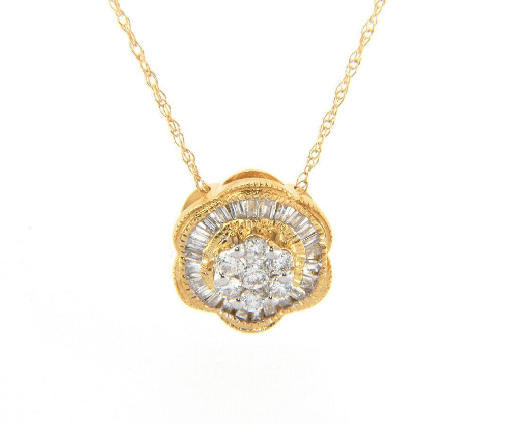 New 0.40ctw Round and Baguette Diamond Flower Pendant Necklace in 14K