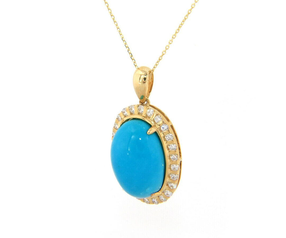 New Oval Turquoise Cabochon and Diamond Frame Pendant Necklace in 14K