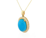 New Oval Turquoise Cabochon and Diamond Frame Pendant Necklace in 14K