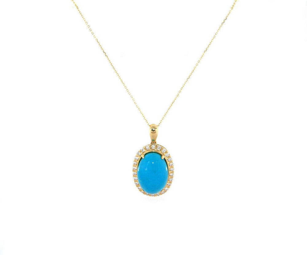 New Oval Turquoise Cabochon and Diamond Frame Pendant Necklace in 14K